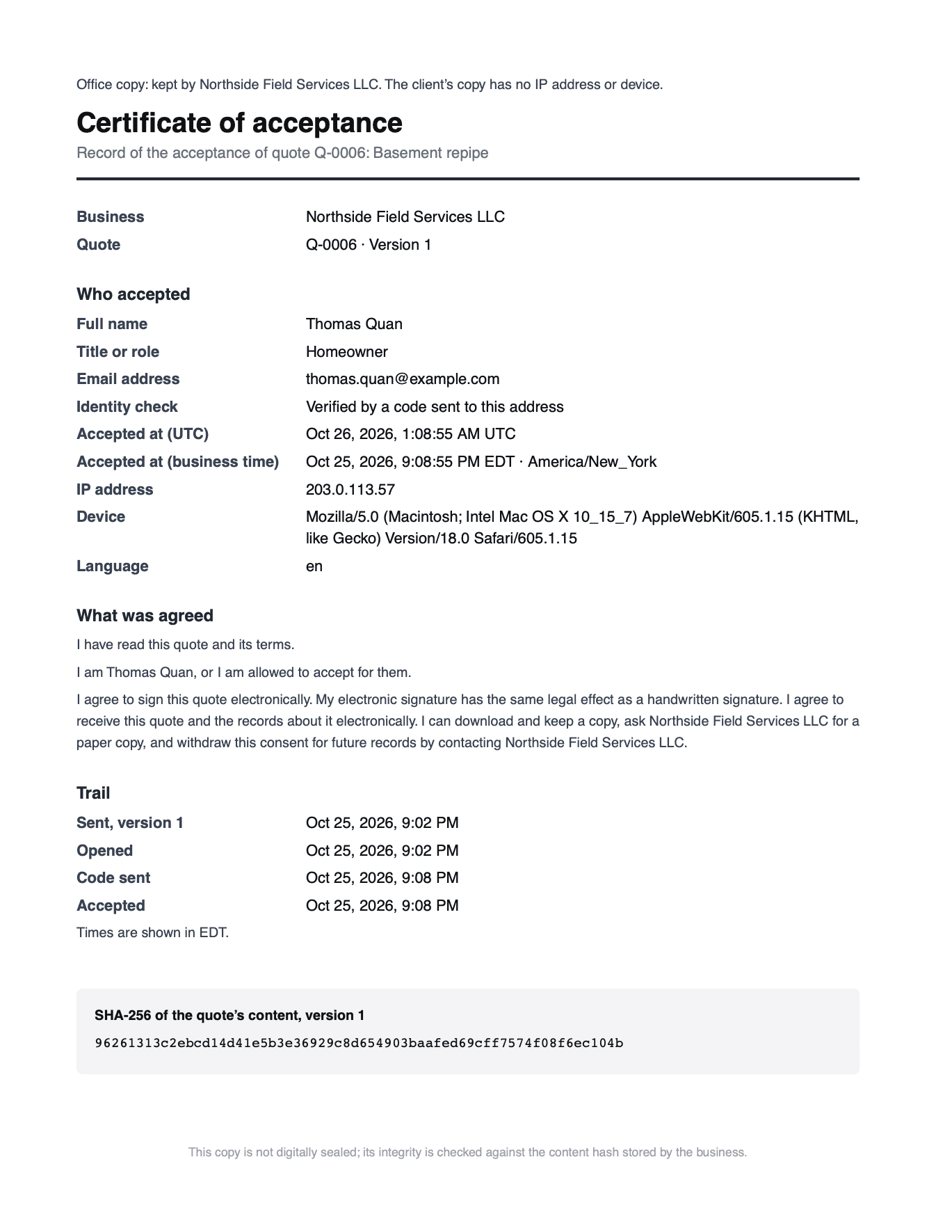 Certificate page of an accepted quote: signer, email-code verification, time, IP address, device and quote version