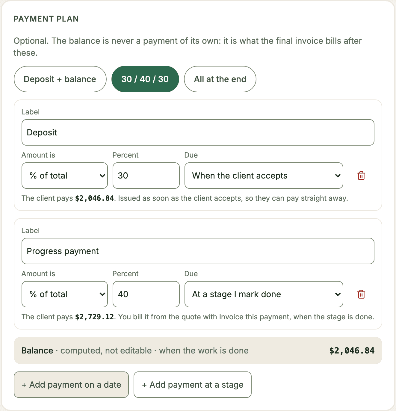 Payment plan on a quote: a deposit on acceptance, a stage payment and the balance, each with its exact amount