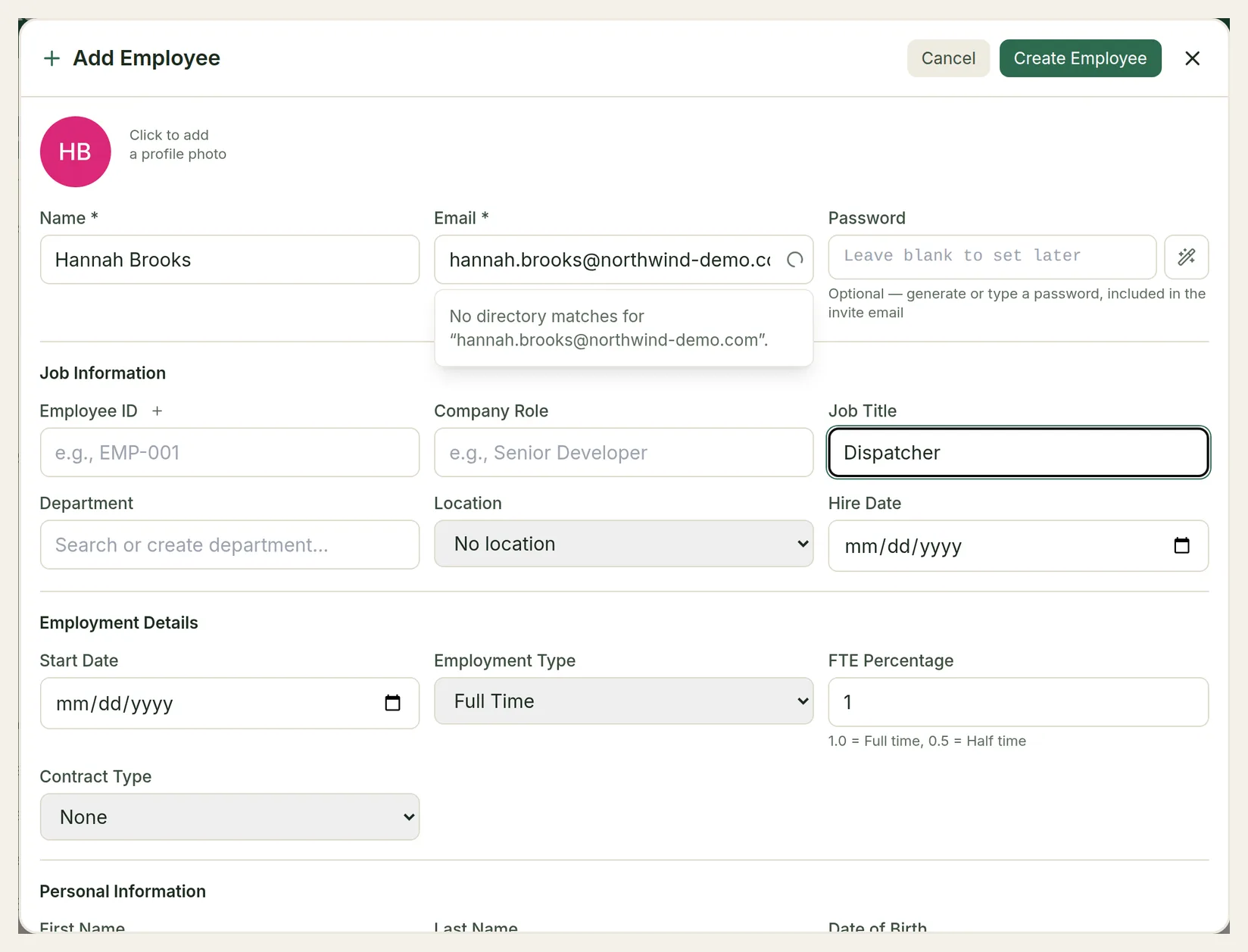 The Add Employee form with name, email, password, job information and employment details