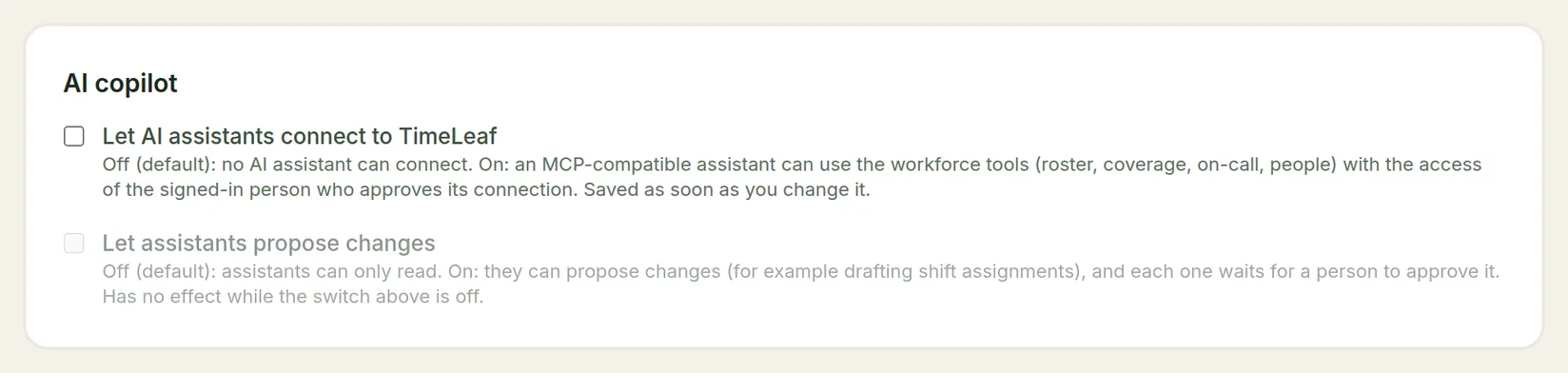 The AI copilot card with the Let AI assistants connect to TimeLeaf and Let assistants propose changes checkboxes, both unticked