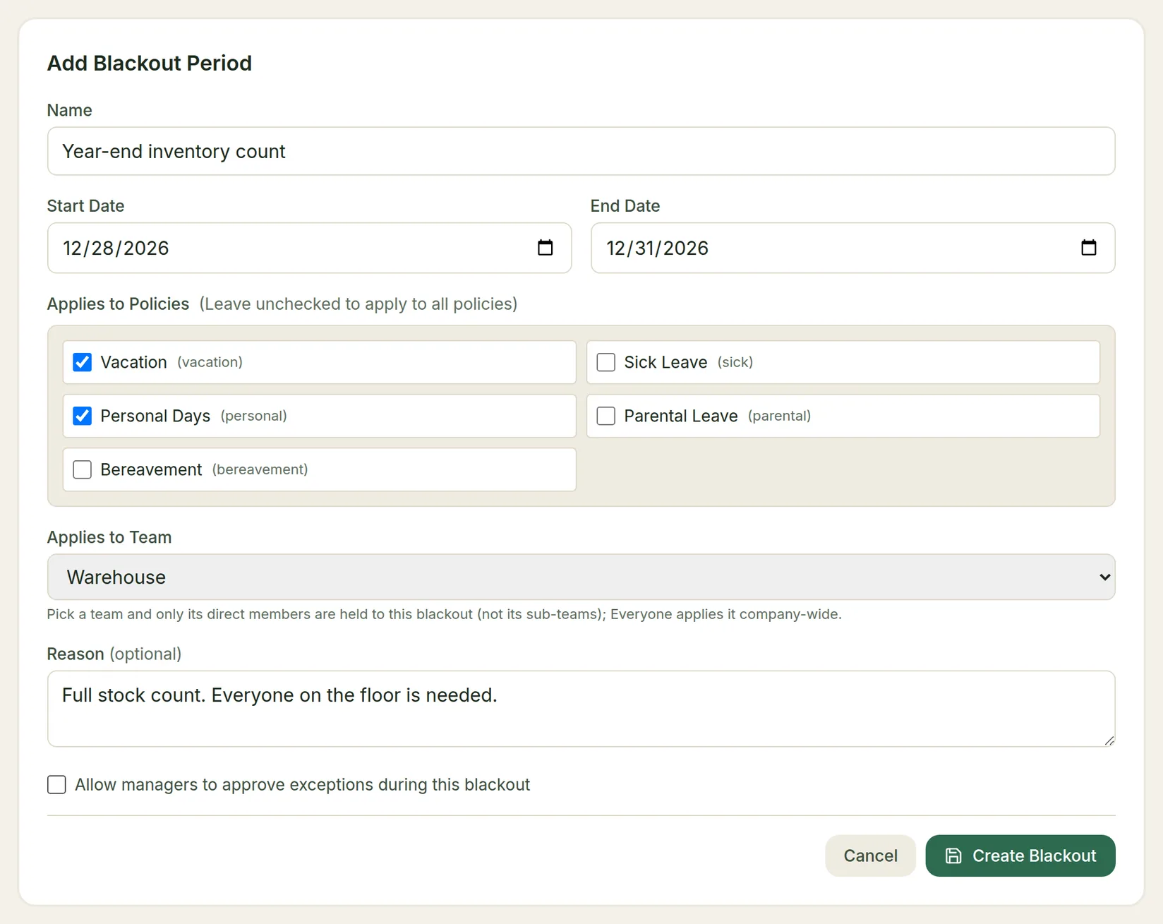 The Add Blackout Period form for a year-end inventory count, restricting vacation and personal days for the Warehouse team