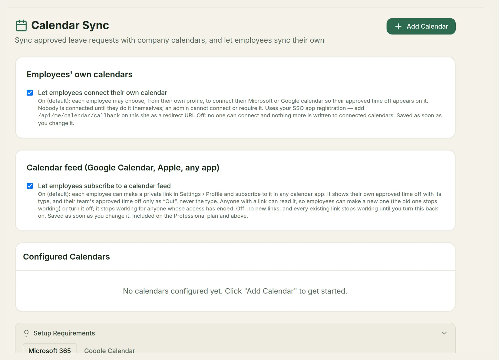 The Calendar Sync page with Employees' own calendars and Calendar feed switched on, and no shared calendars configured yet