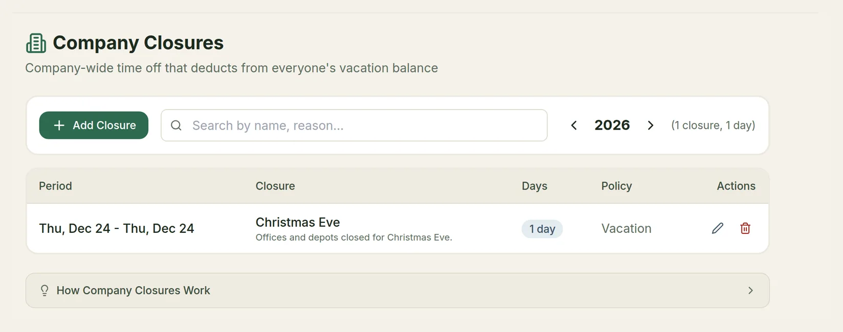 The Company Closures list showing Christmas Eve, 1 day, on the Vacation policy