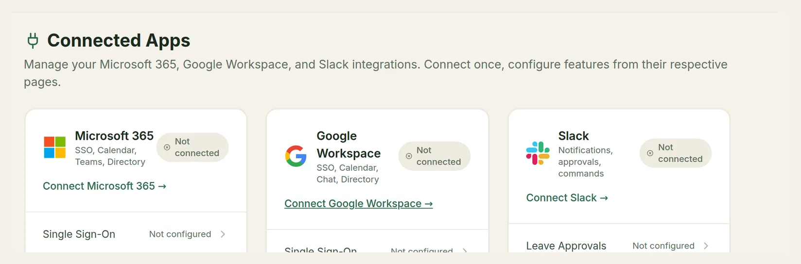 The Connected Apps page with the Microsoft 365, Google Workspace and Slack cards, each not yet connected