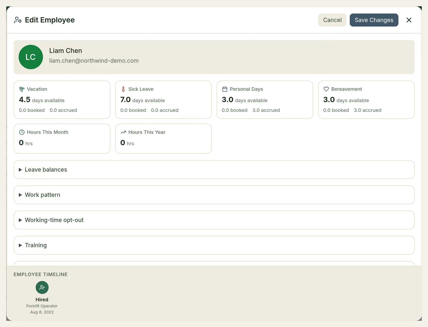 The Edit Employee window for Liam Chen with balance cards, hours, and collapsed Leave balances, Work pattern, Working-time opt-out and Training panels, and the employee timeline