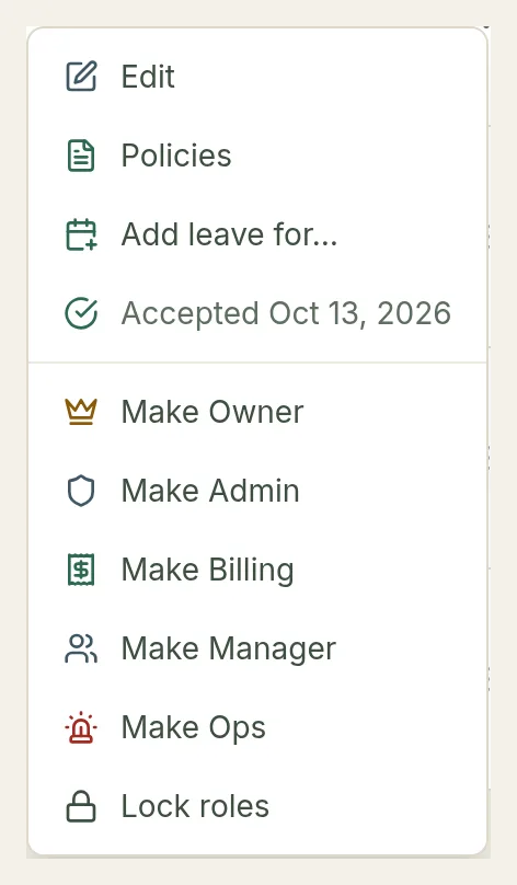 An employee's Actions menu with Edit, Policies, Add leave for…, the invite status, and the role options
