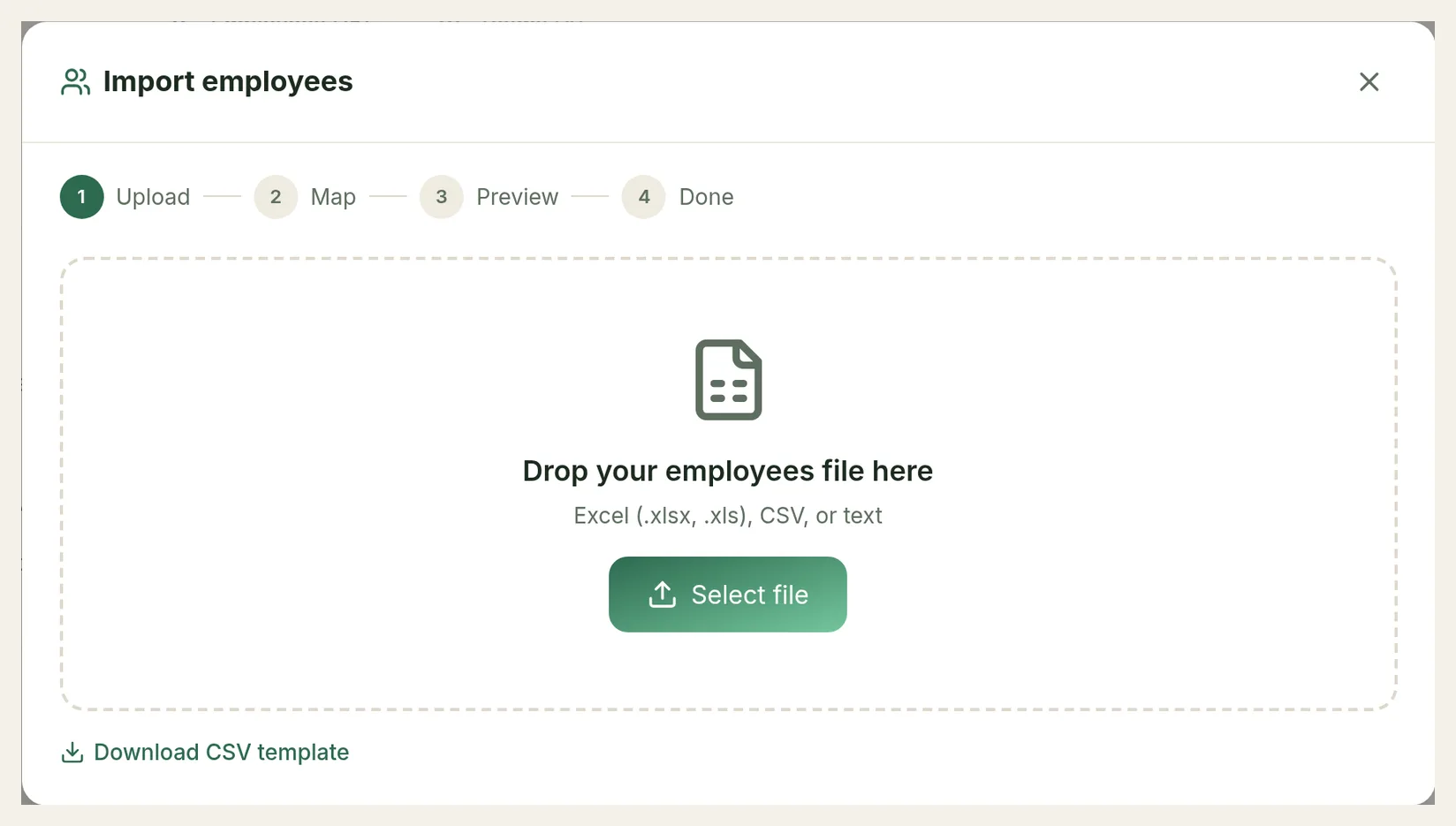 The Import employees dialog on the Upload step, with Download CSV template