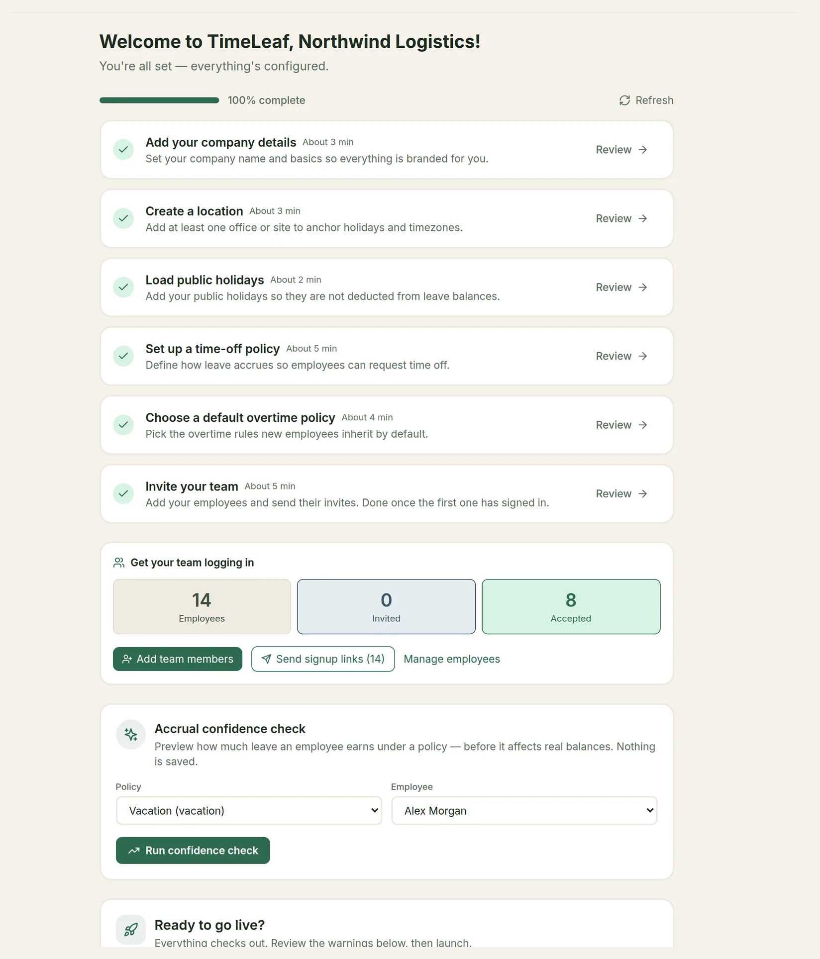 The onboarding checklist at 100% with all steps done, team counts, the Accrual confidence check and Ready to go live?