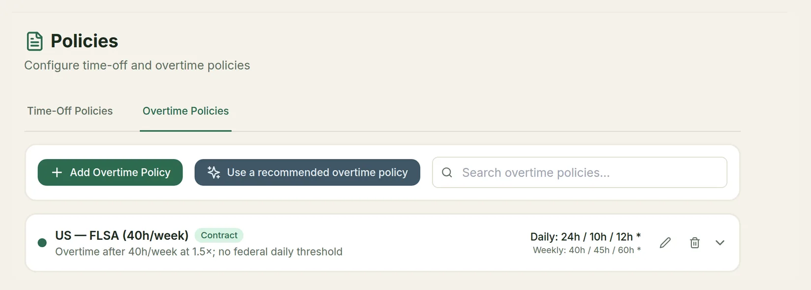 The Overtime Policies list with the US — FLSA policy