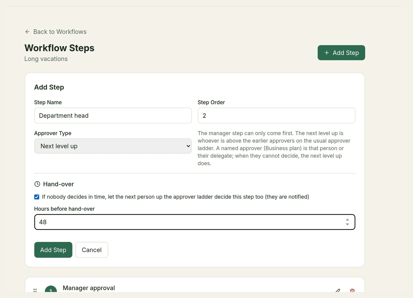 The Add Step form with step name, step order, approver type and the hand-over option