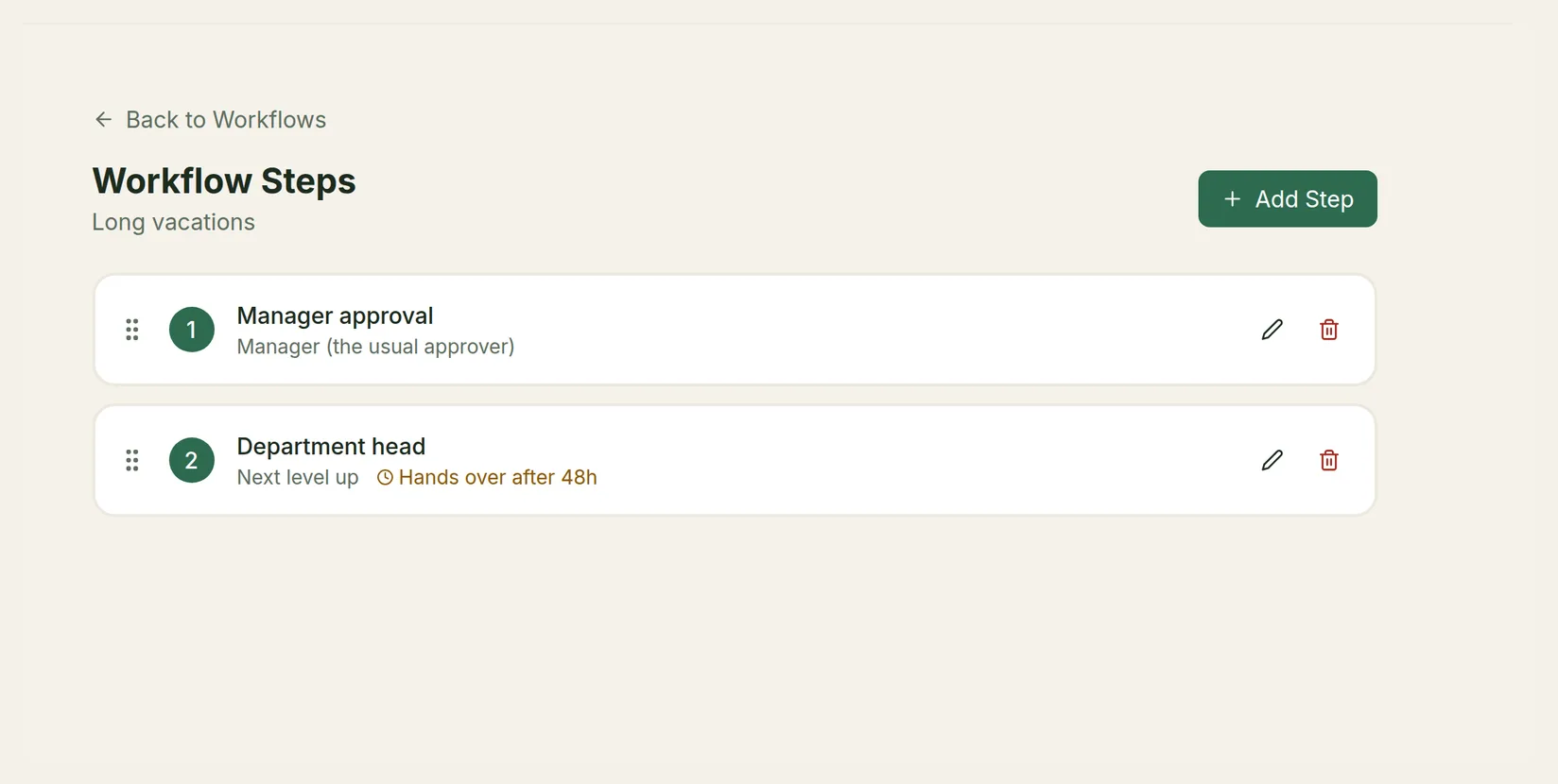 The Workflow Steps list: step 1 Manager approval, step 2 Department head as Next level up, handing over after 48 hours
