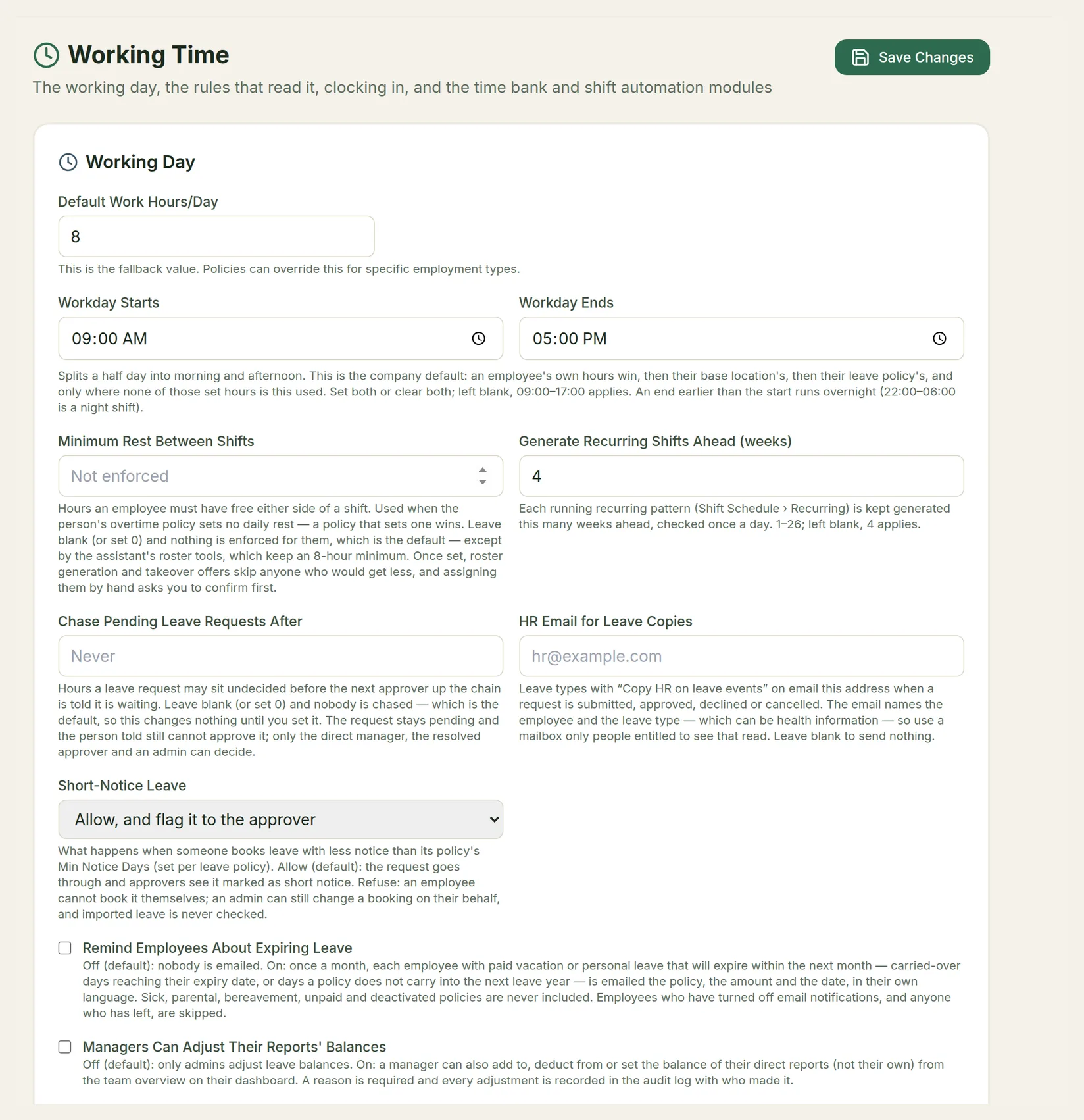 The Settings › Working Time page, showing the Working Day section