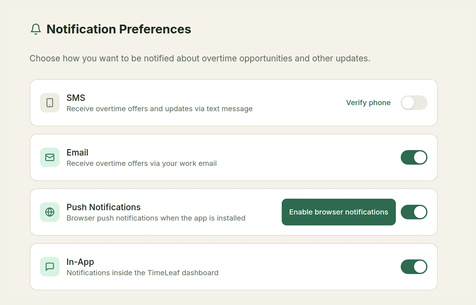 Notification Preferences with switches for SMS, Email, Push Notifications and In-App