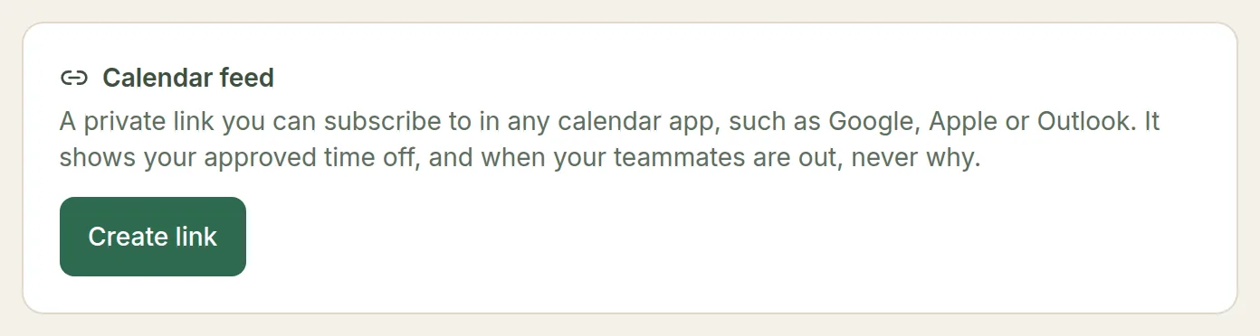 The Calendar feed section of My Profile with a Create link button