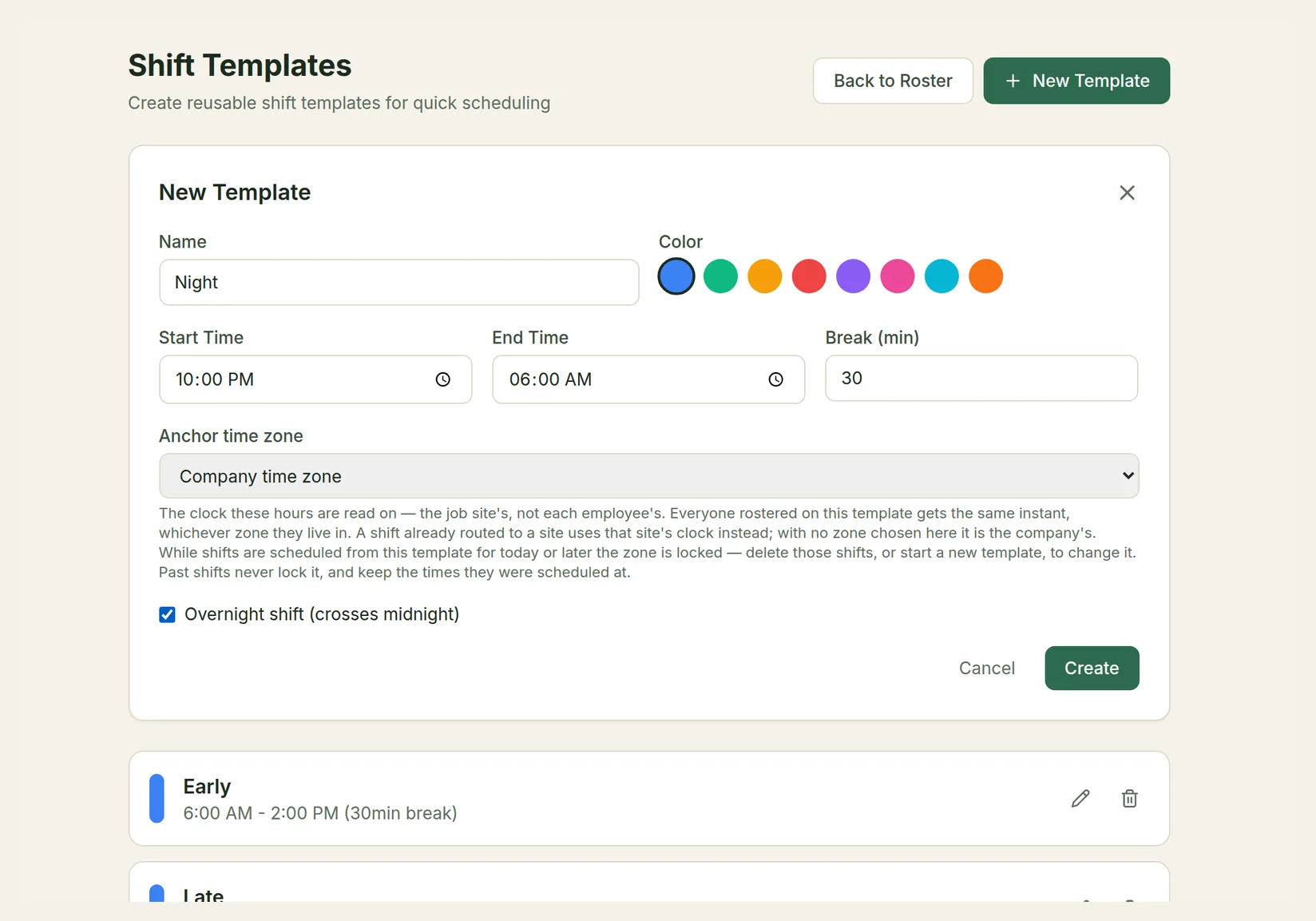 The Shift Templates page with a New Template form: name Night, a color, 10:00 PM to 06:00 AM, a 30-minute break, Company time zone and Overnight shift ticked