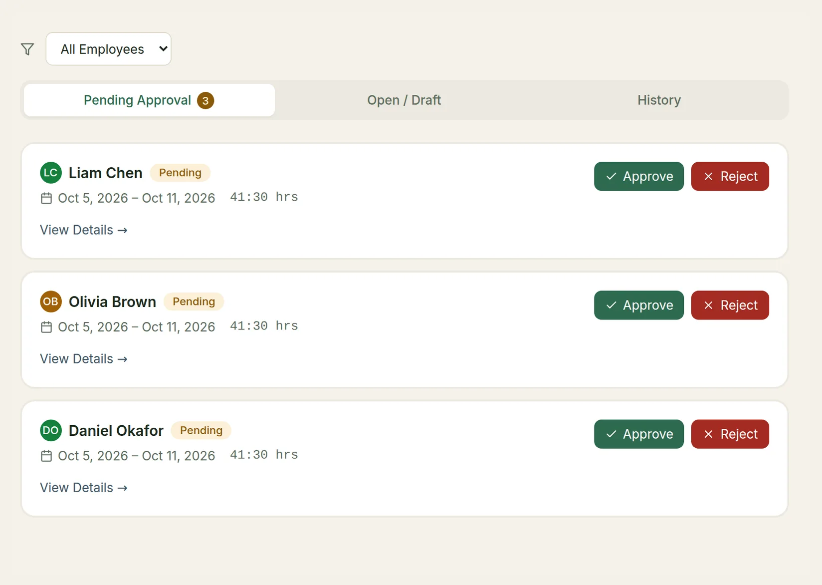 Team Timesheets with the Pending Approval tab showing three timesheets for Oct 5 to Oct 11, each with 41:30 hours, Approve and Reject buttons and a View Details link