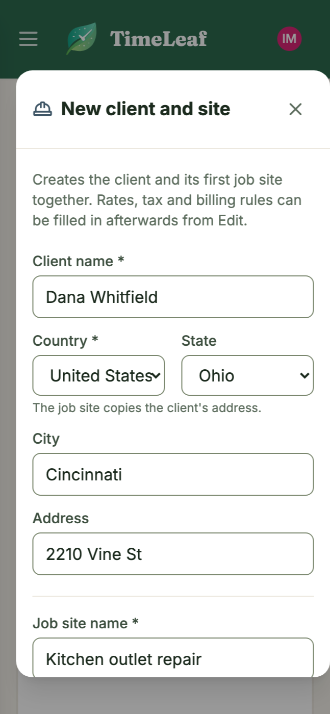 Mobile view of the New client and site sheet: client name, address and job site created together