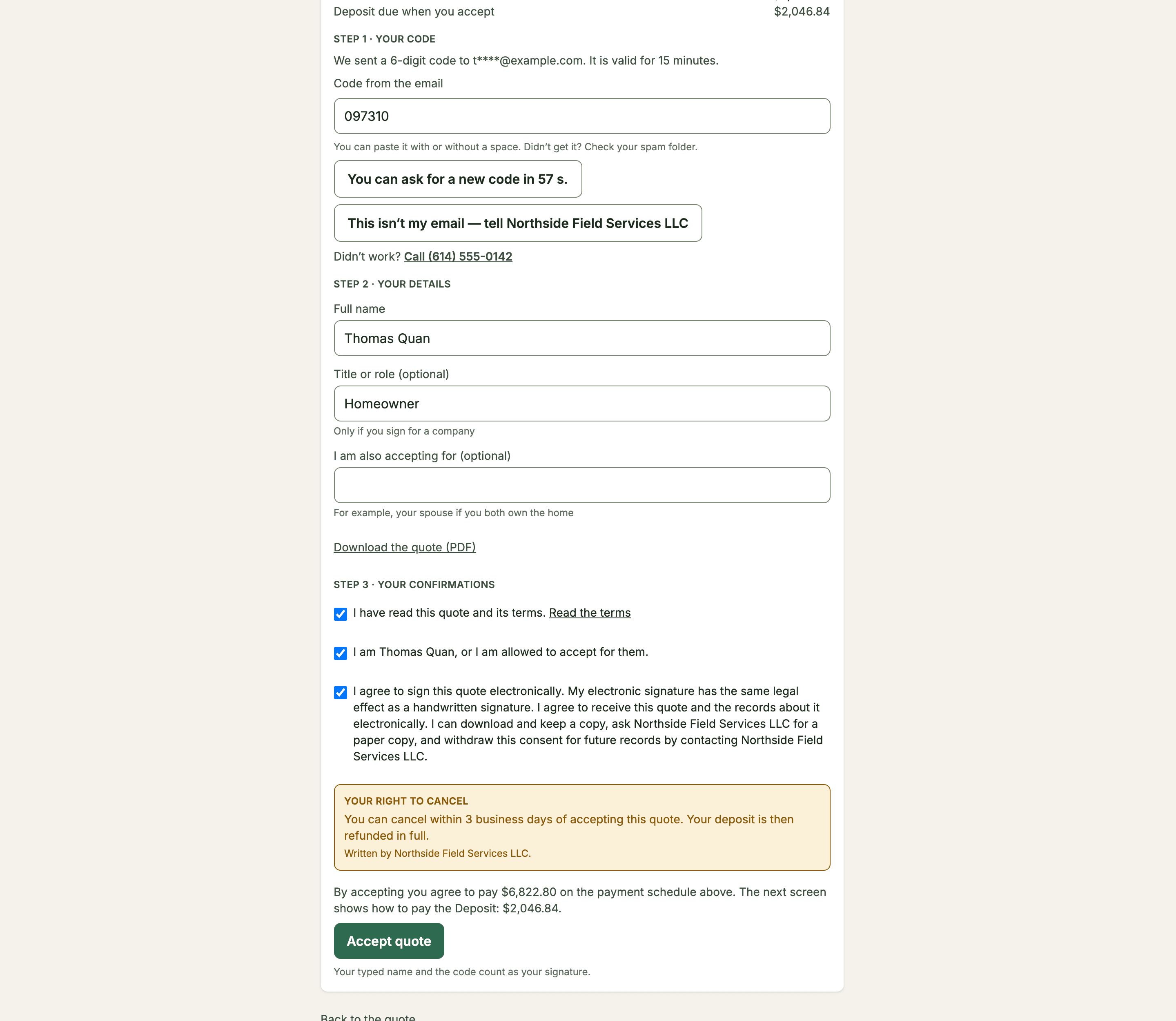 The accept form with the client's name, the three confirmations, your right to cancel and the Accept quote button