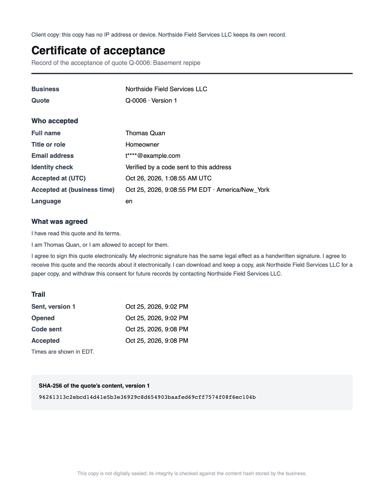 The client's copy of the certificate: the same page without the IP address and device