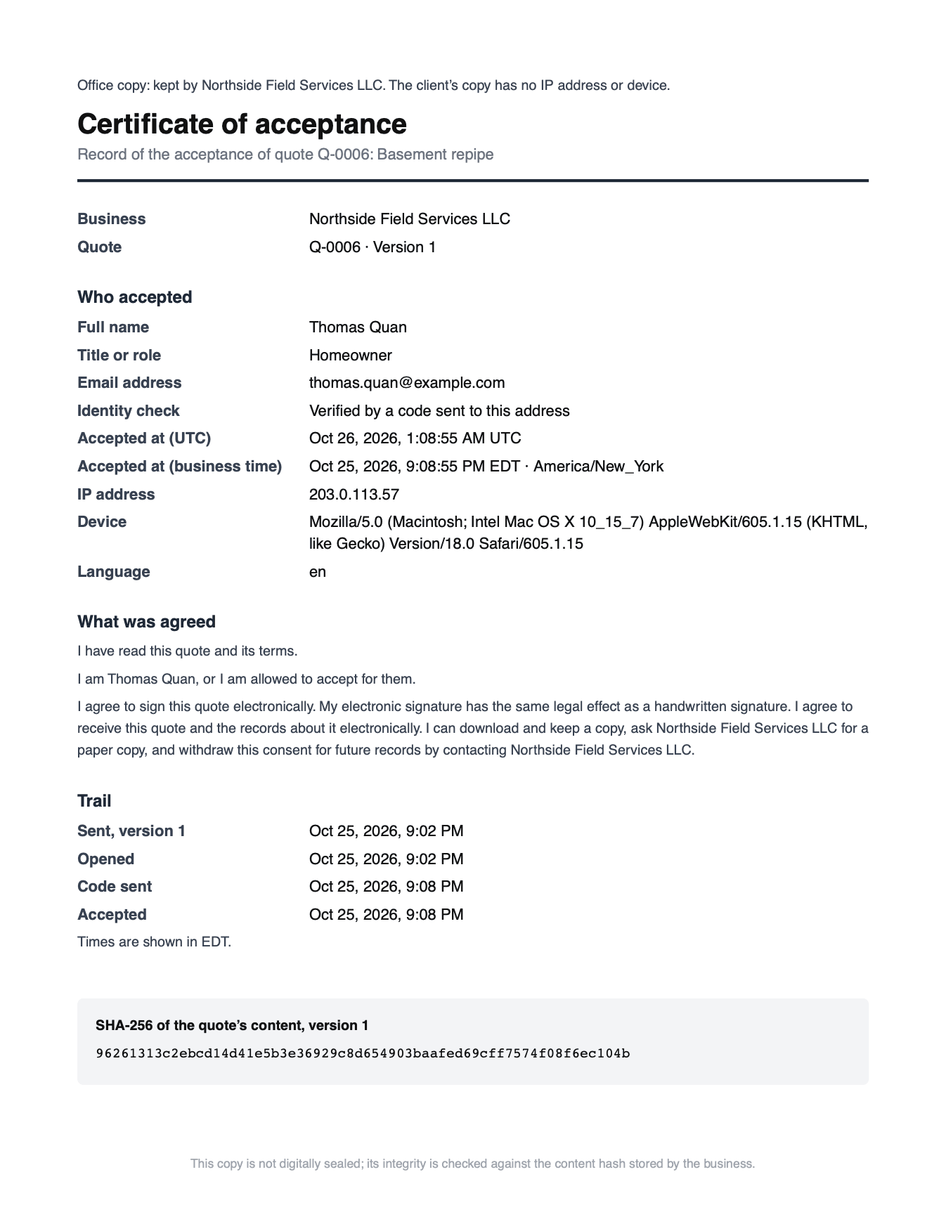 The Certificate of acceptance page: who accepted, when, from which IP address and device, what was agreed, the trail, and the checksum of the quote