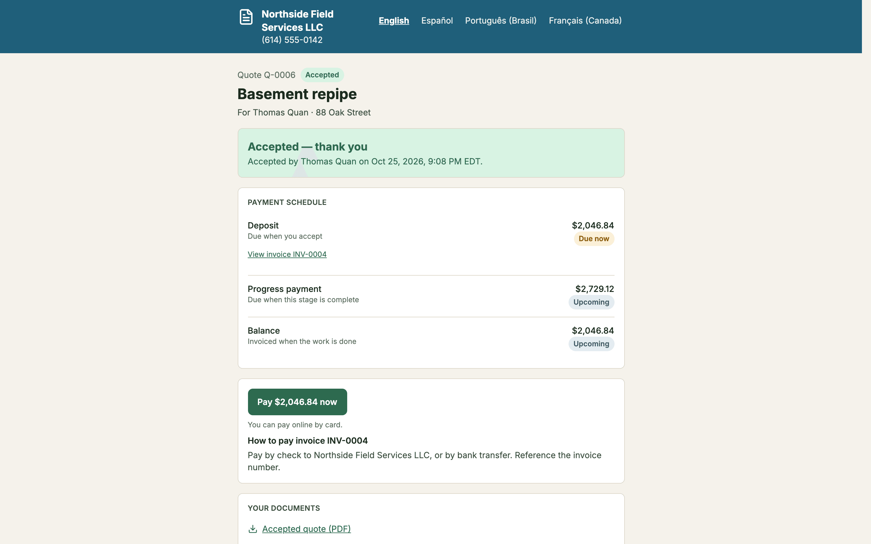 The accepted page with the payment schedule: a deposit that is due now, and the stage payment and balance upcoming, with a Pay now button