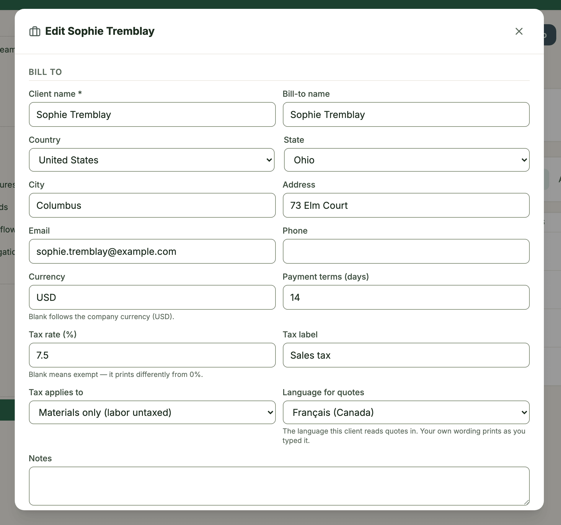 The client form with Language for quotes set to Français (Canada)