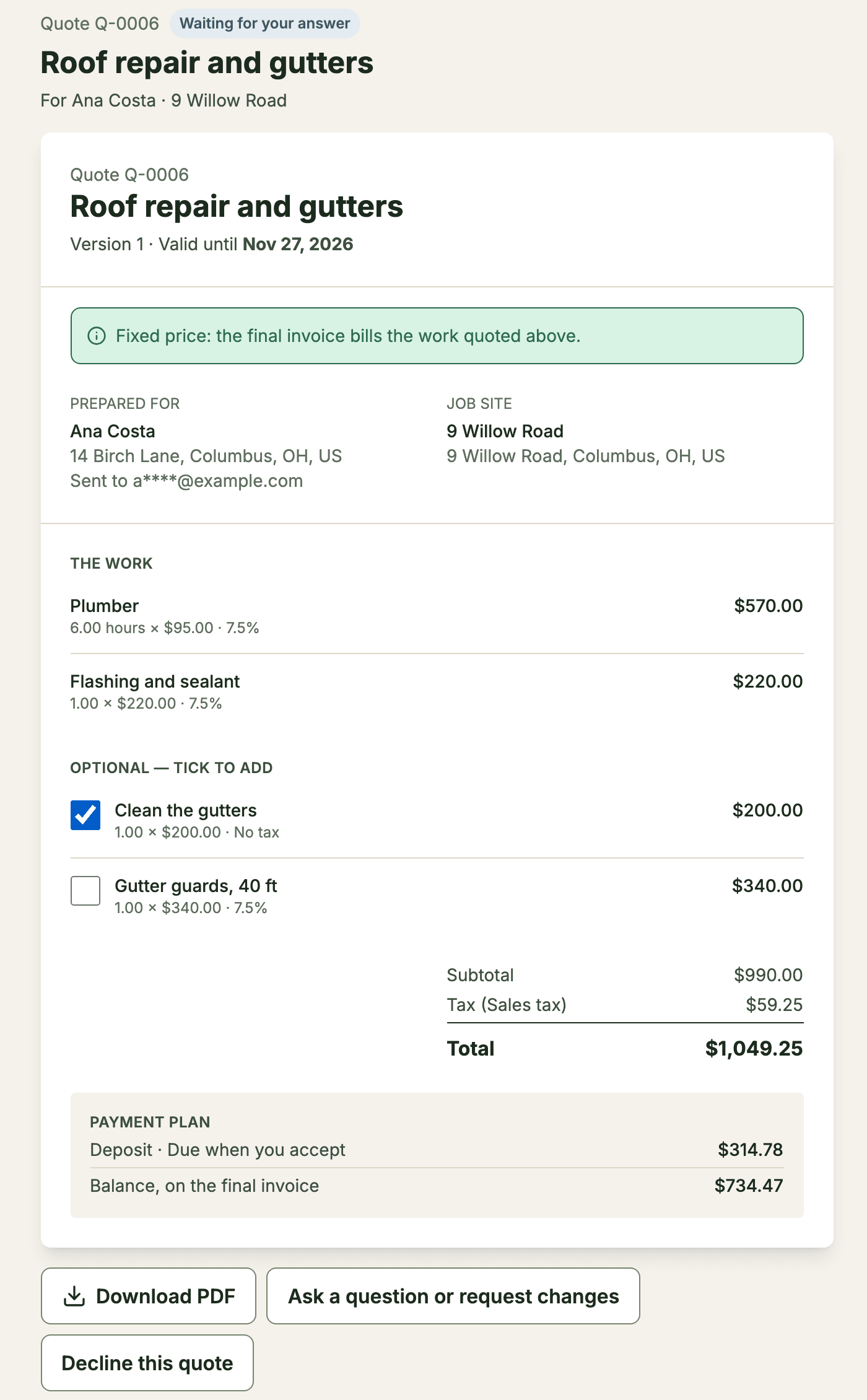 The client's page with an optional section: Clean the gutters is ticked, and the total and payment plan include it