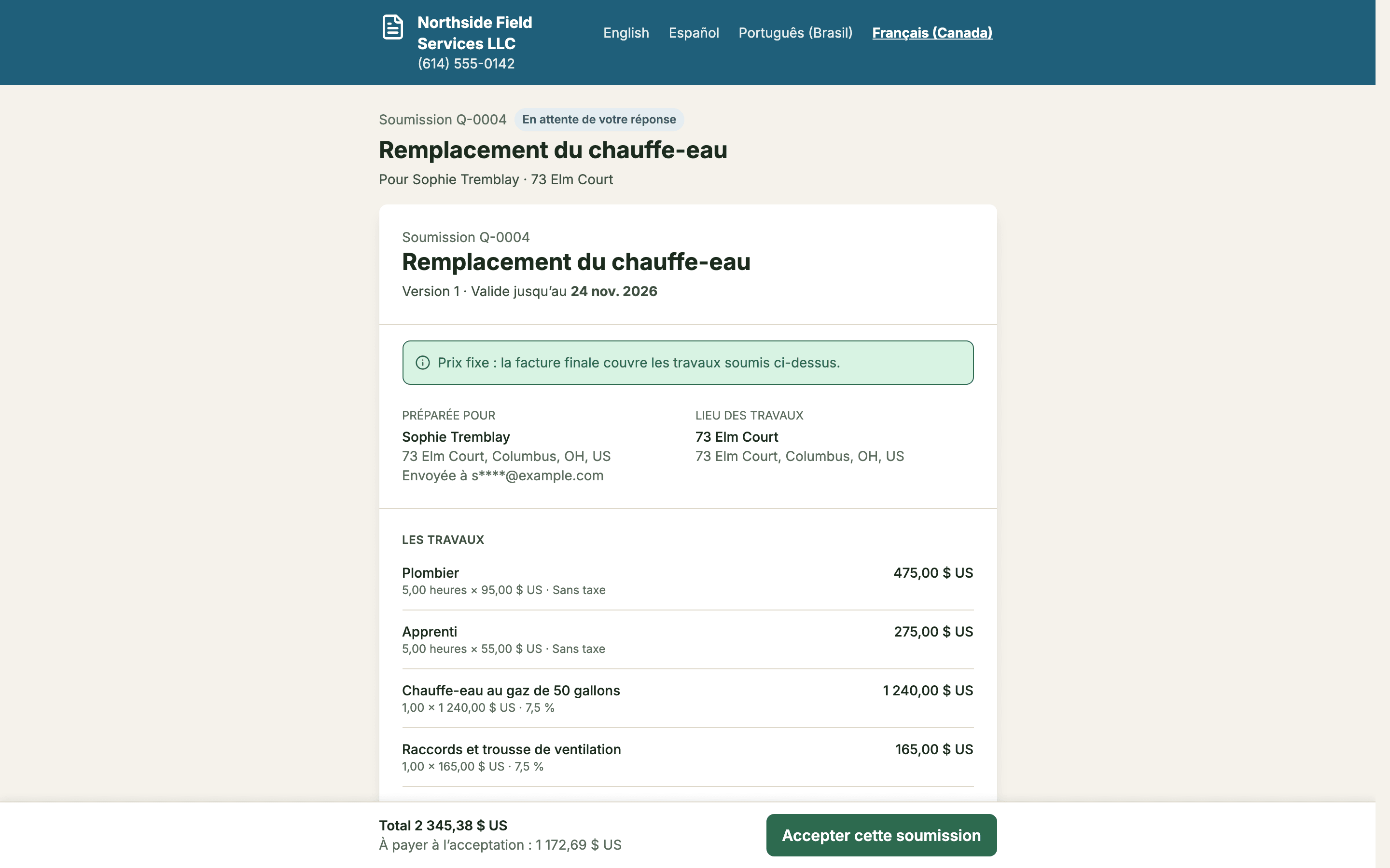 The quote page in French, with the labels, dates and amounts in French and the business's own words as typed