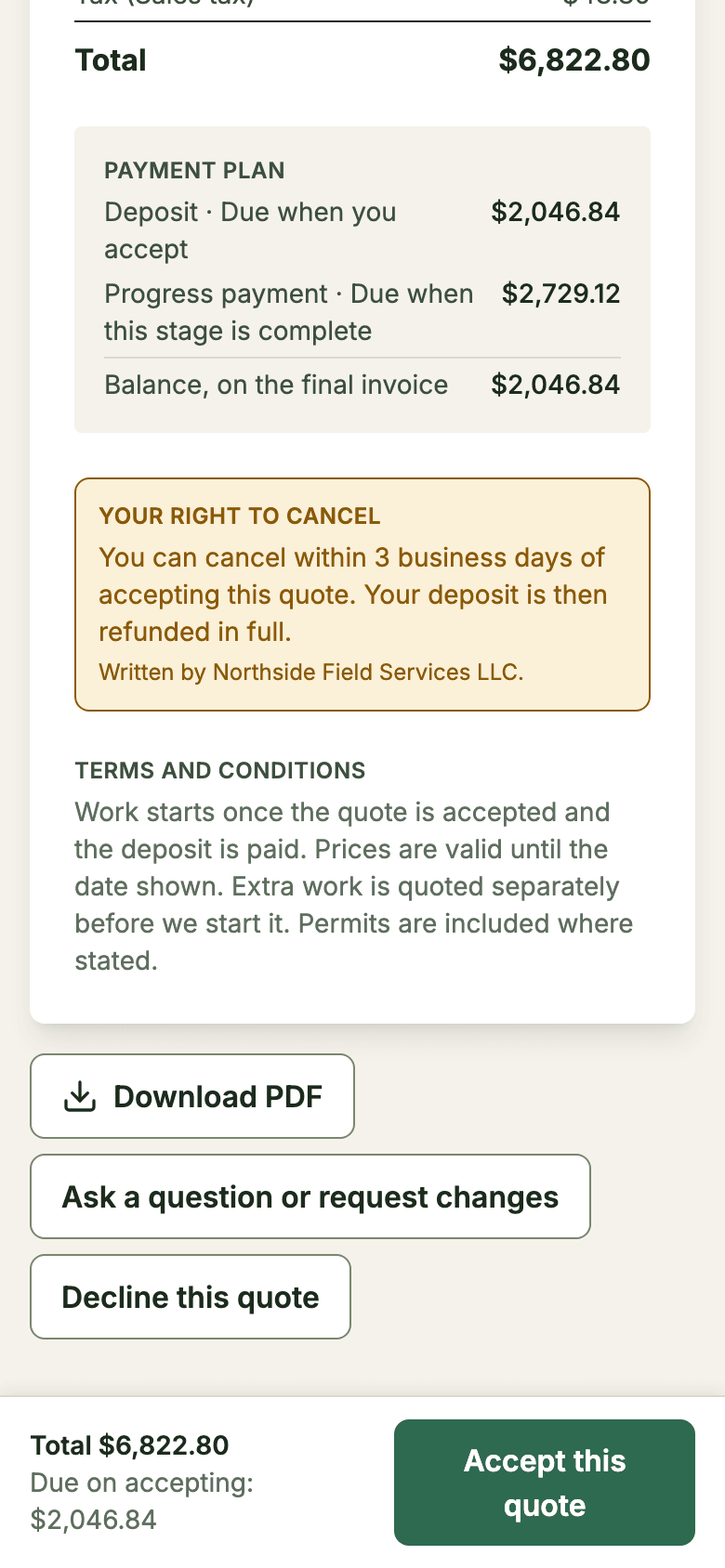 The quote on a phone, showing the totals, the payment plan, the right to cancel, and the Accept this quote button