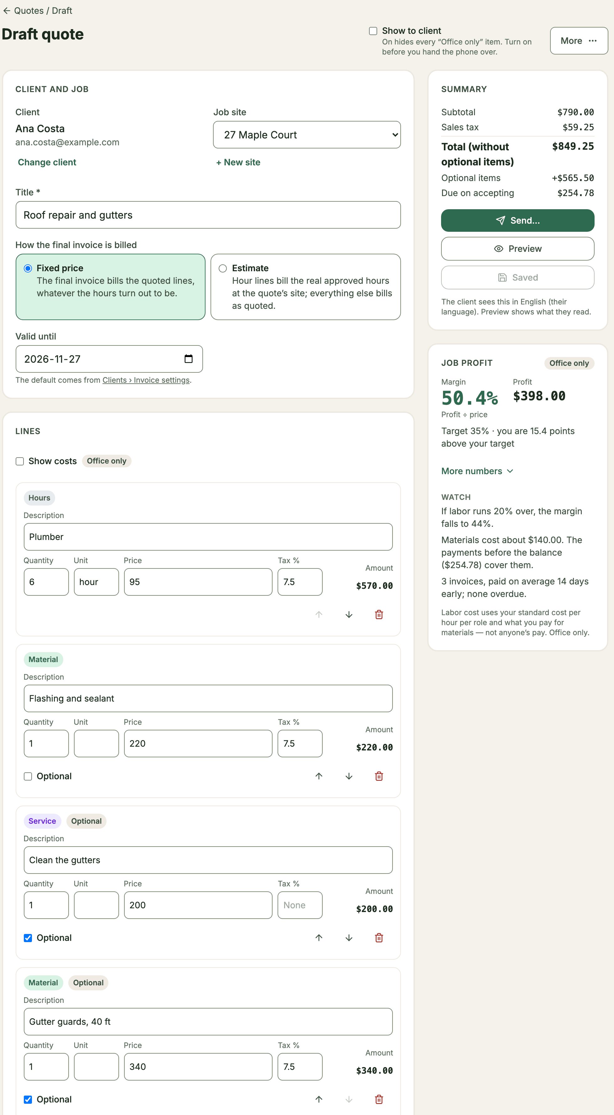 The editor with two optional lines, and the summary showing the total without optional items and the optional items on top