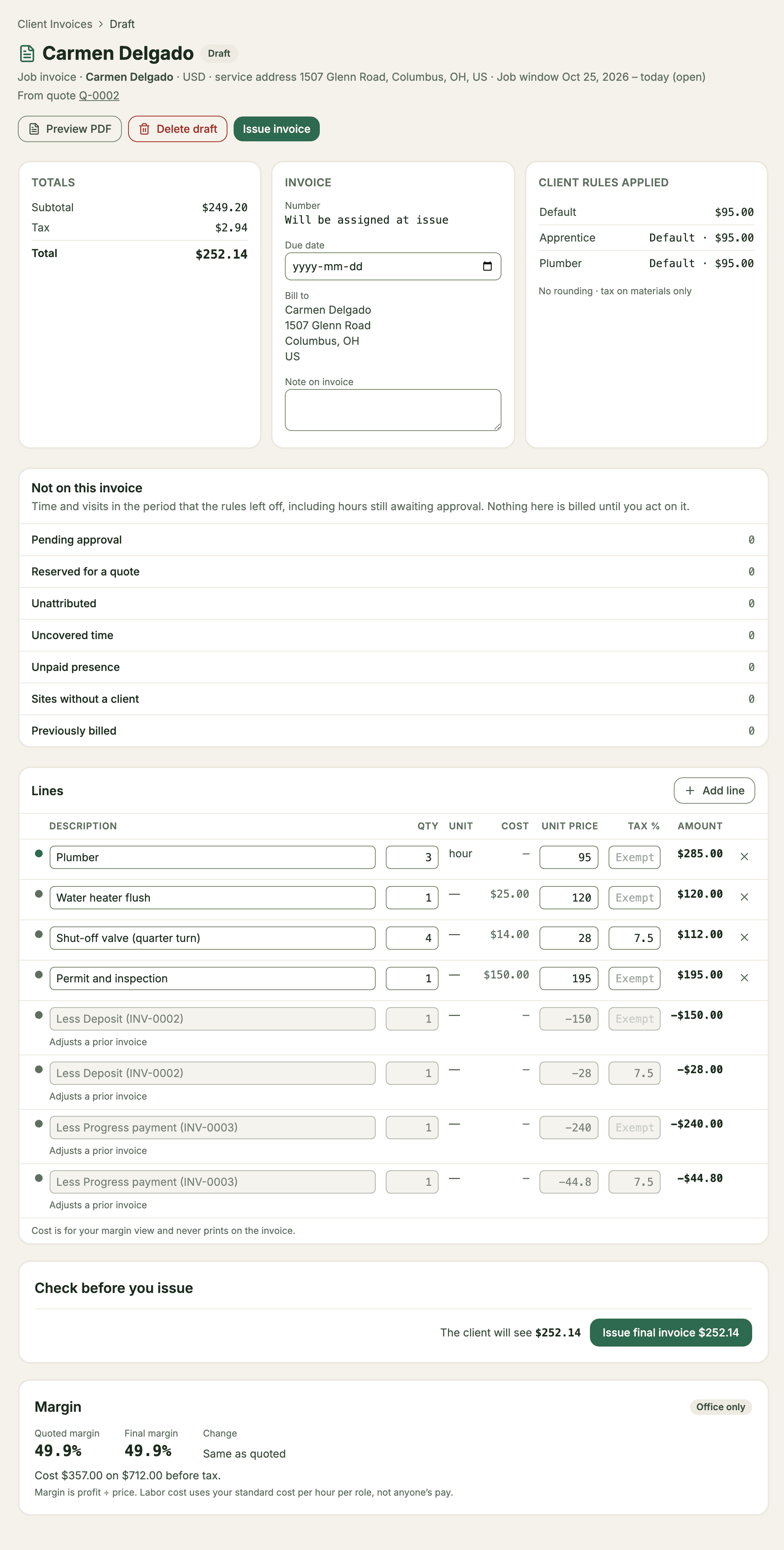 A draft final invoice with the quoted lines, the deposit and progress payments taken off, and the quoted and final margin