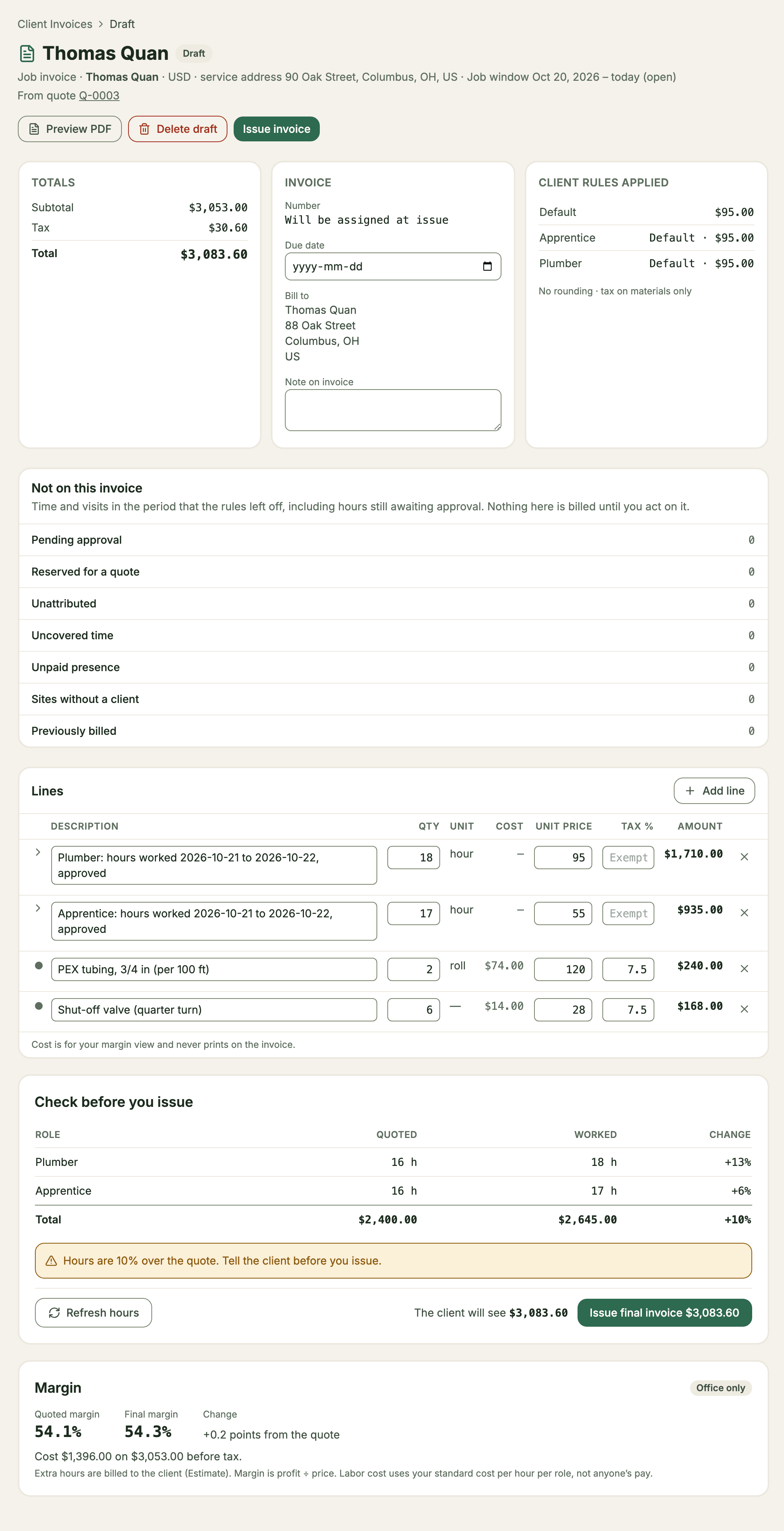 A draft final invoice for an estimate, with a check that compares quoted and worked hours and warns that hours are 10% over