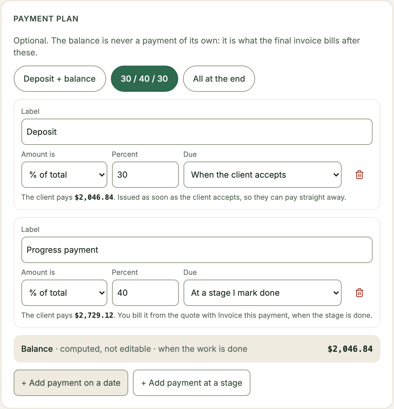 The payment plan with the 30 / 40 / 30 preset: a deposit when the client accepts, a progress payment at a stage, and the computed balance