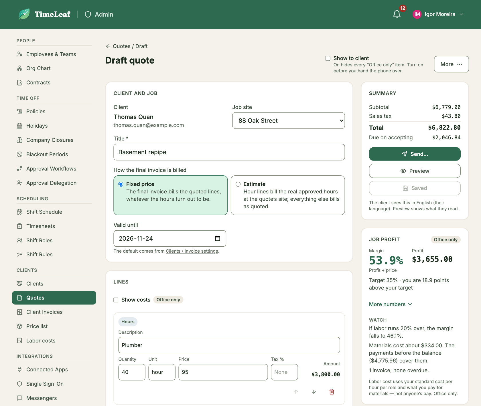 The quote editor with the client and job, the billing choice, a summary and the job profit panel