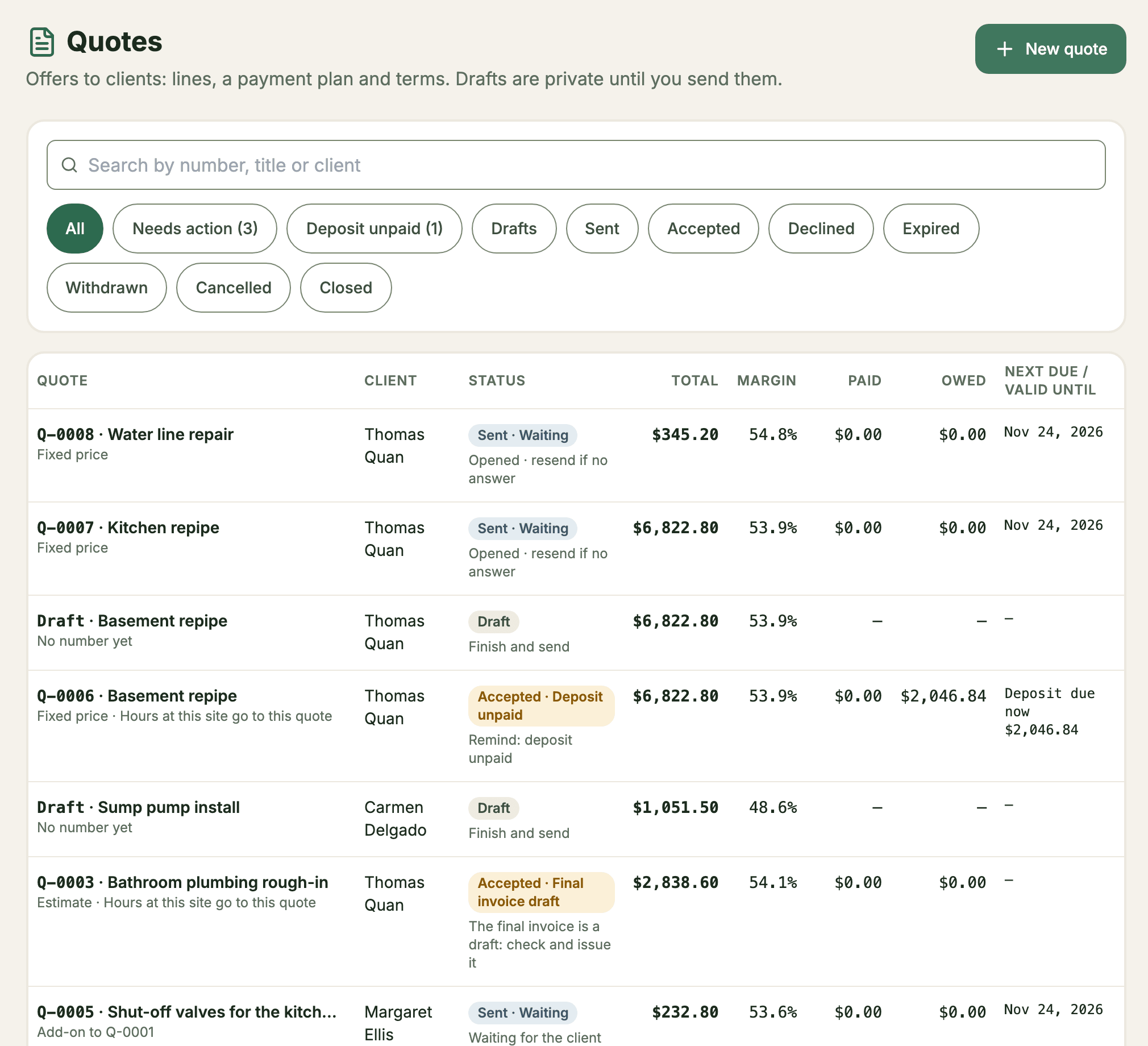The quotes list showing drafts, sent quotes and accepted quotes, each with a status chip and a next step