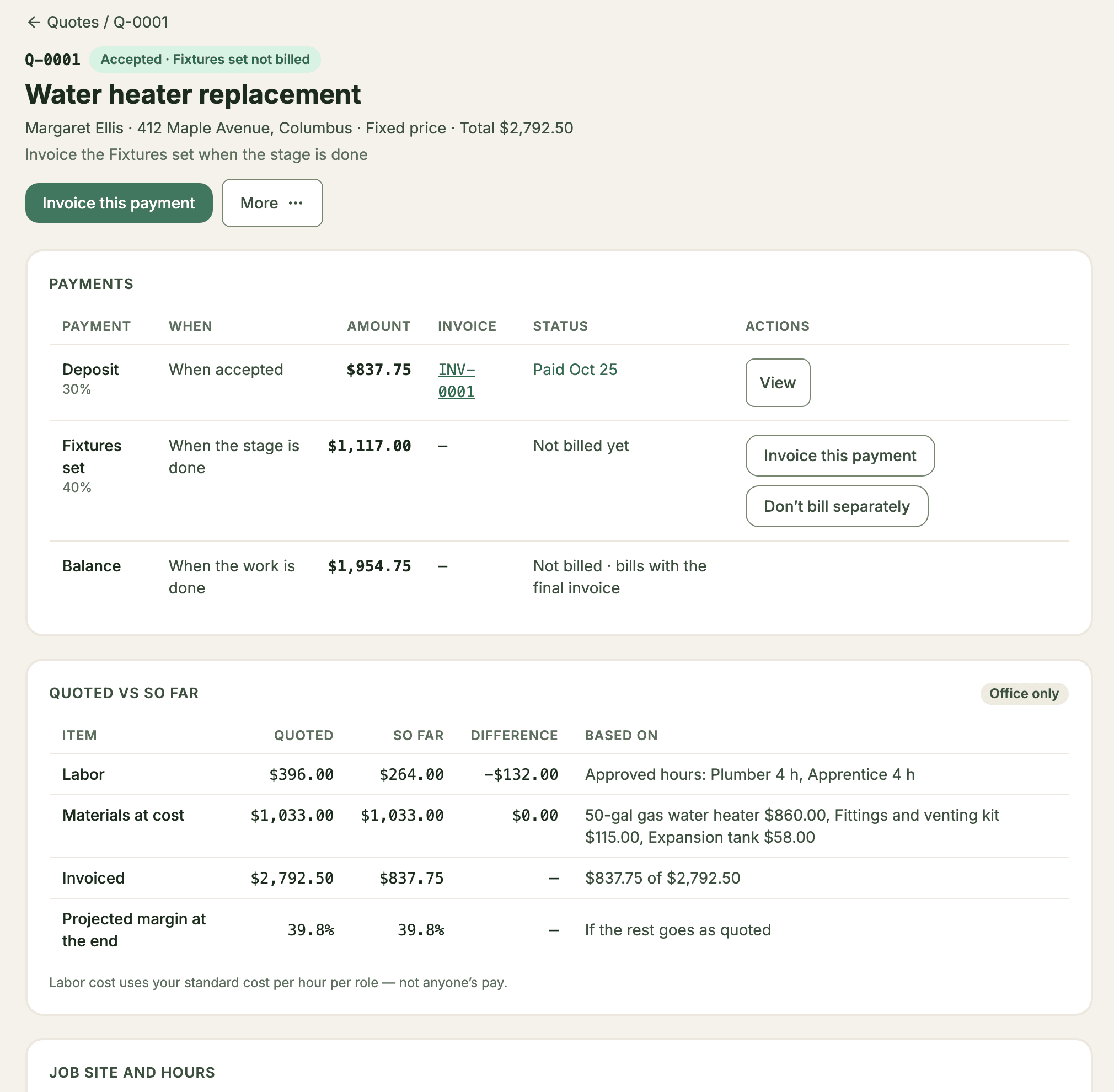 An accepted quote with its payments, the deposit paid, a stage payment not billed yet, and the quoted vs so far panel