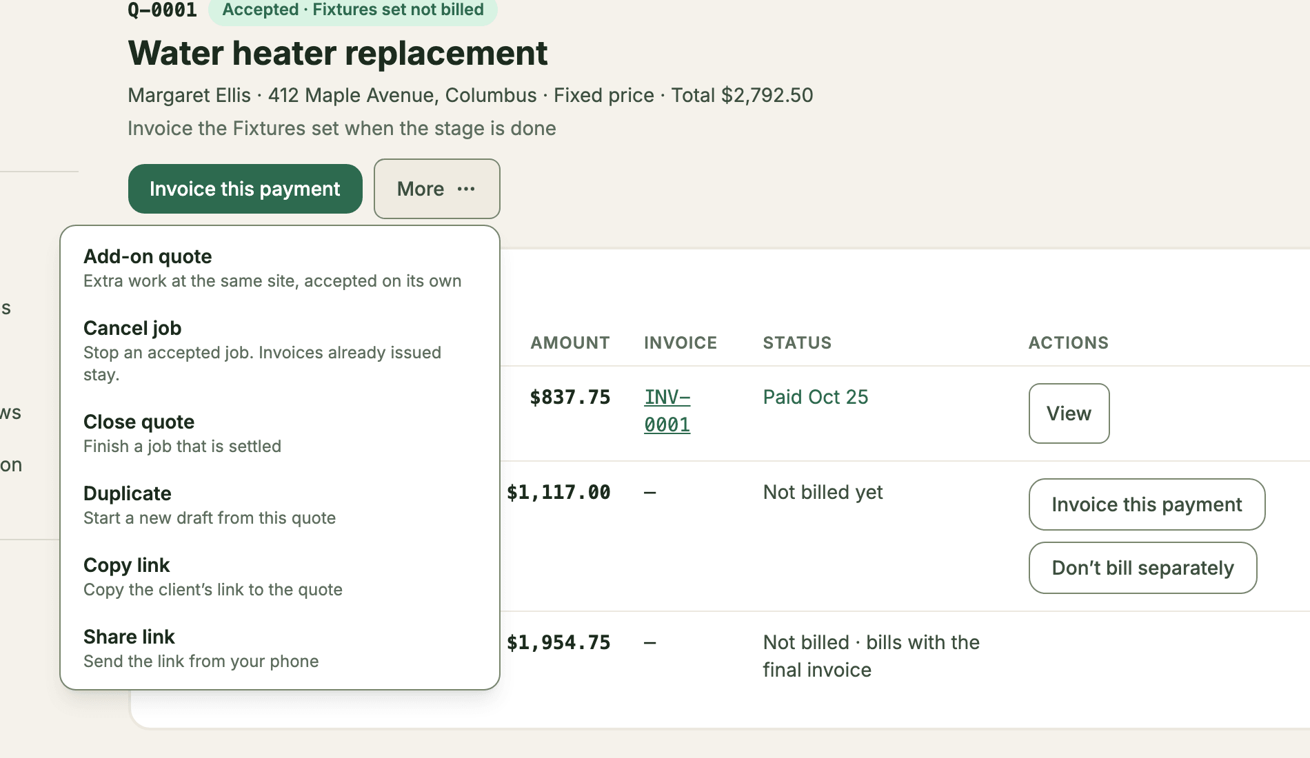 The More menu of an accepted quote: Add-on quote, Cancel job, Close quote, Duplicate, Copy link and Share link