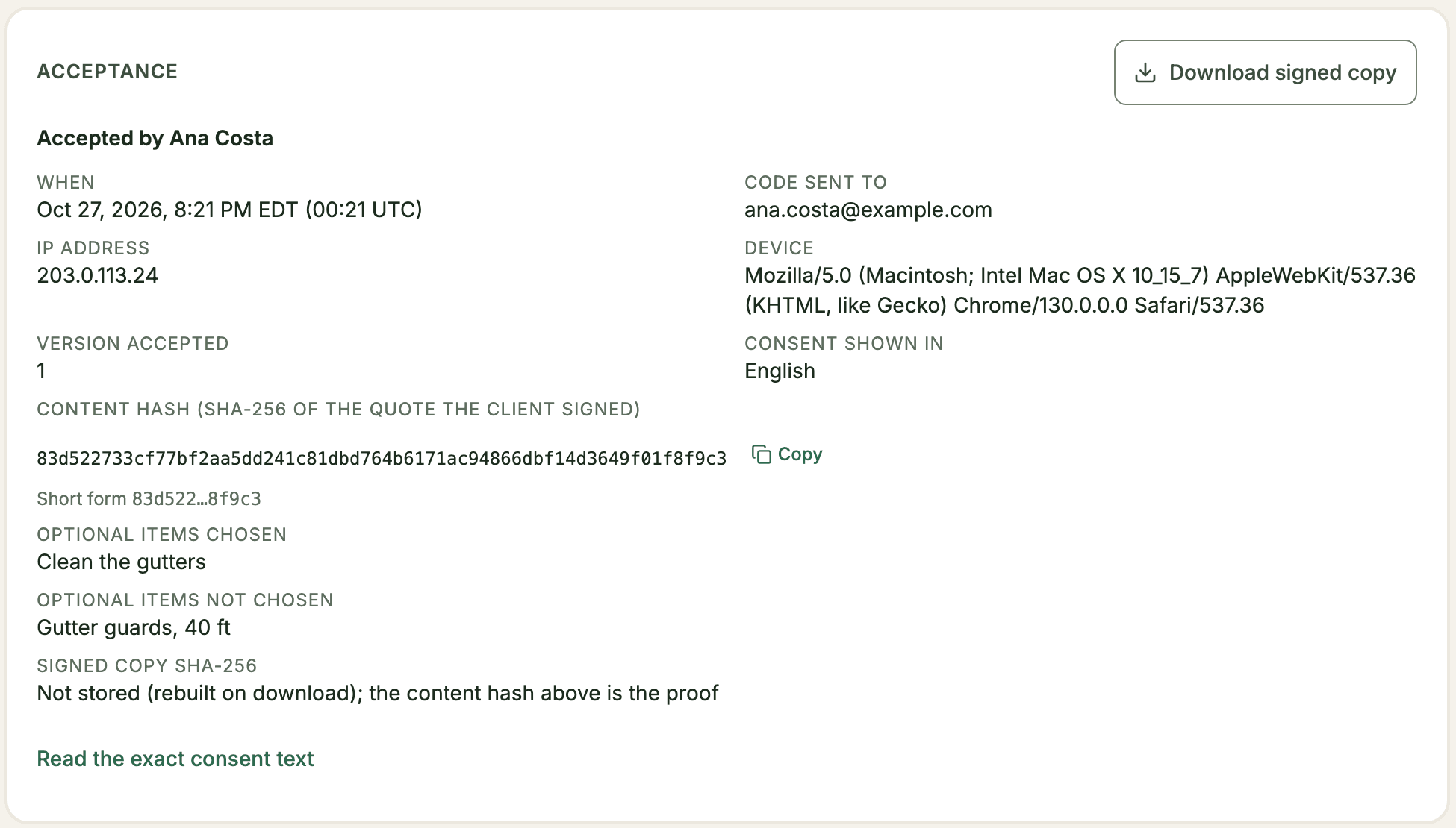 The record of acceptance, listing the optional items the client chose and the ones they did not