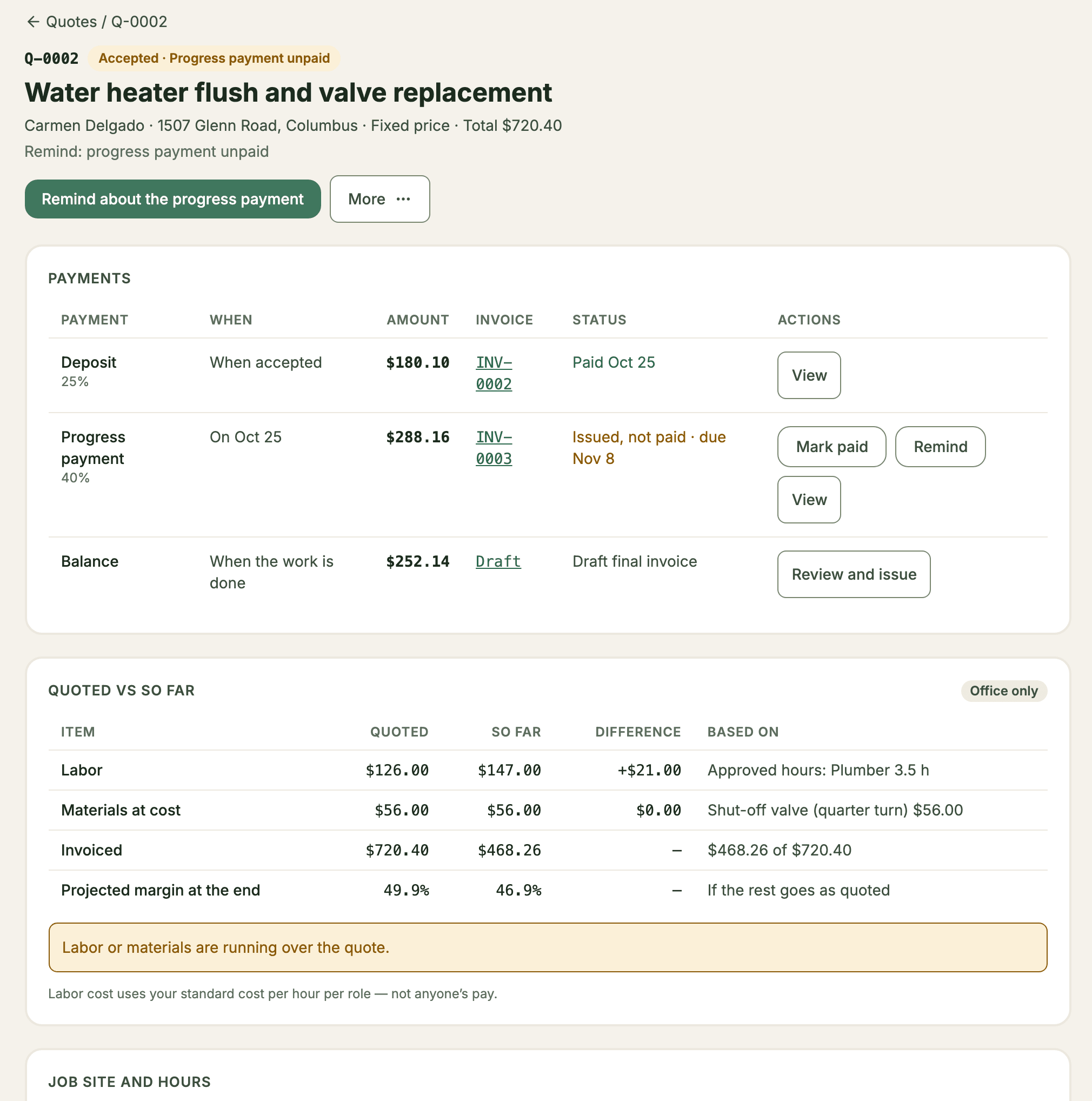 A quote with a deposit paid, a progress payment issued and not paid, and a draft final invoice for the balance