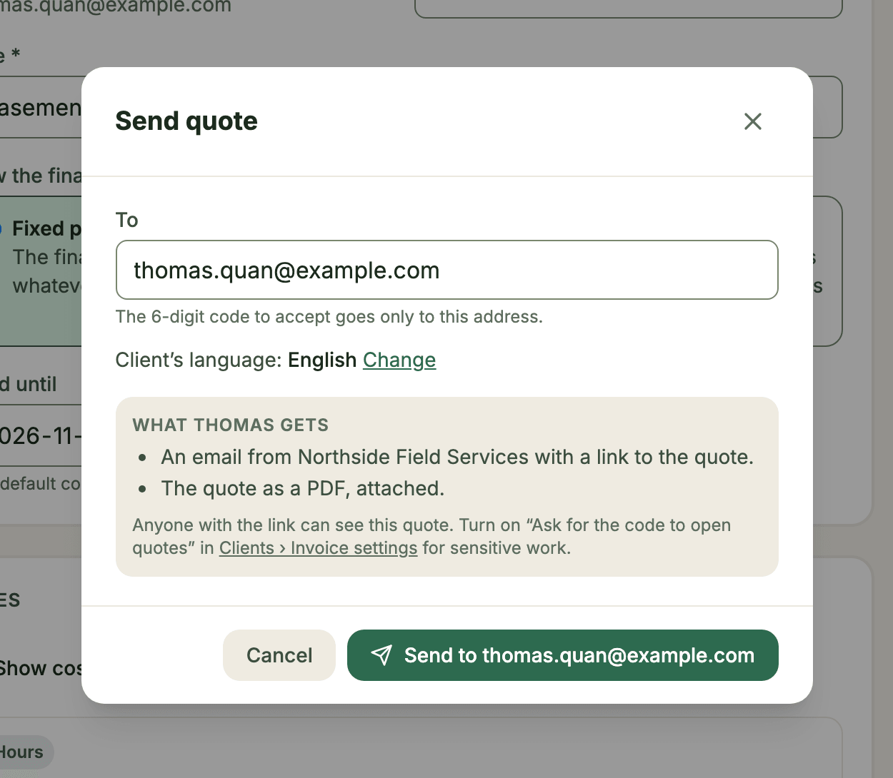 The Send quote dialog showing the recipient, the client's language and what the client gets