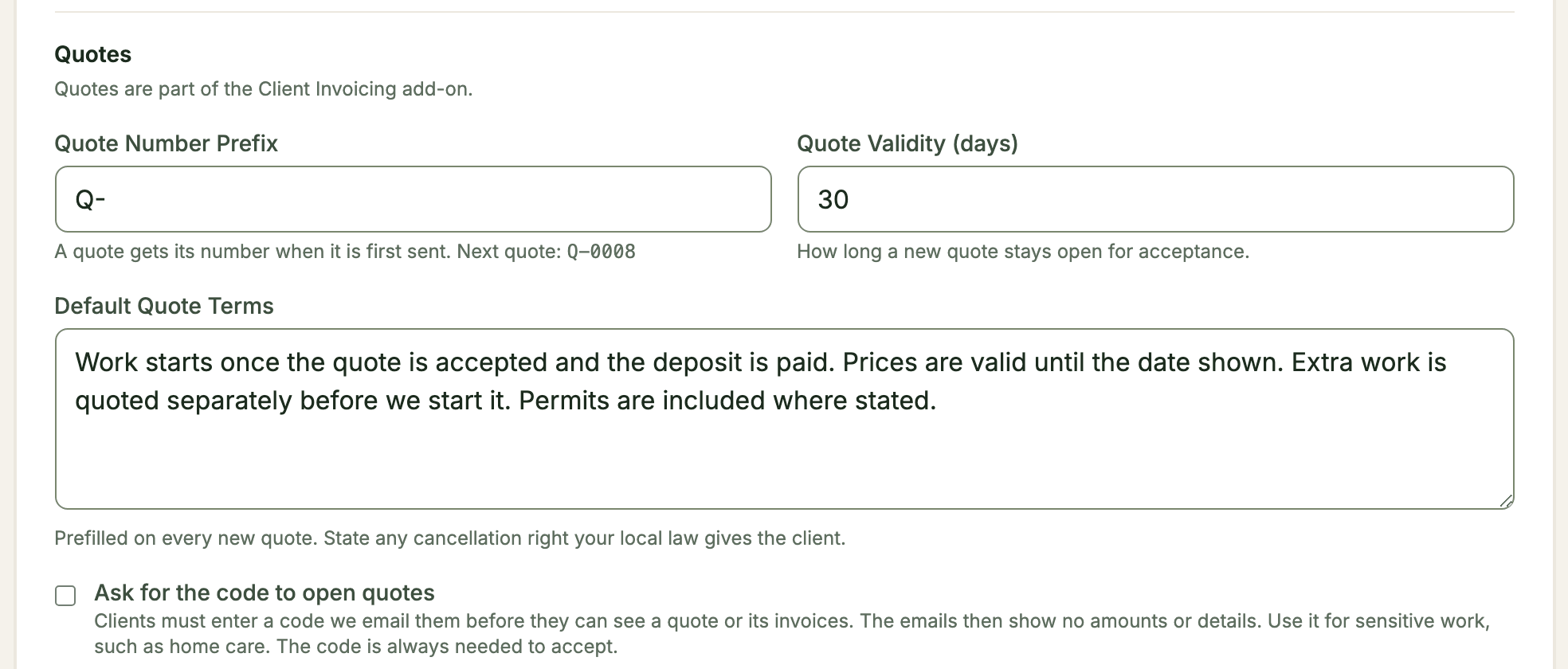 The Quotes section of Invoice settings, with the quote number prefix, validity, default terms and Ask for the code to open quotes