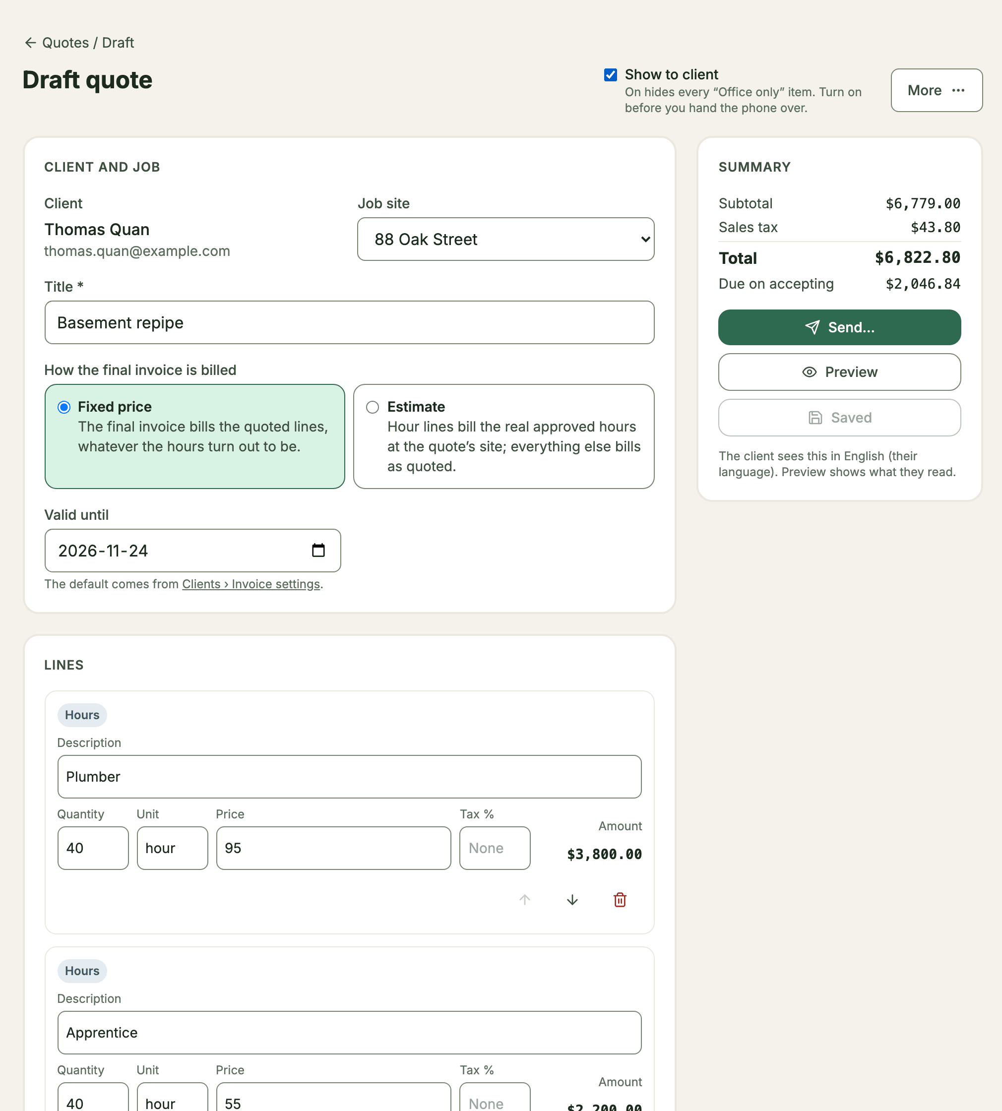The editor in Show to client mode, with costs and profit hidden